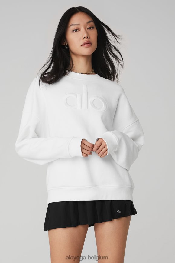 vêtements blanc femmes TF6J8D805 Alo Yoga pull à col rond avec emblème poids lourd de renommée